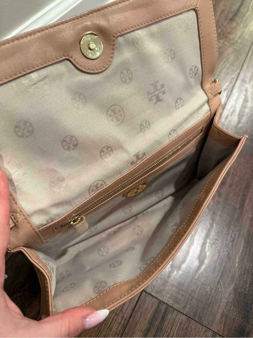 Tory Burch Blush Leather Fold-Over Wristlet with Gold Chain